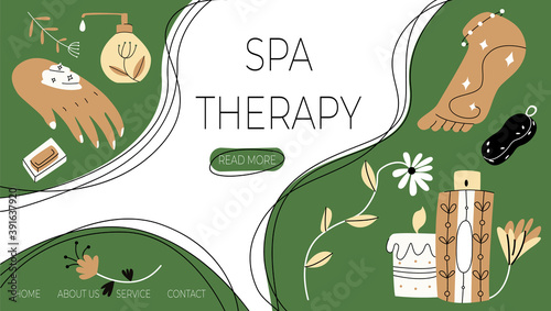 Vector illustration with layout landing page, home page on topic Spa therapy. Elements for taking care body are shown against background of button templates, labels.