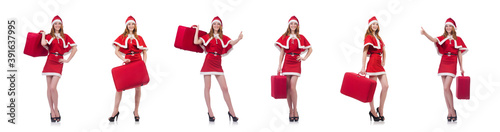 Young woman in red santa costume on white