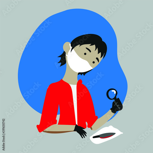 Female forensic or criminalist woman working, doing research and looking for proof in a police office or laboratory, flat vector illustration job