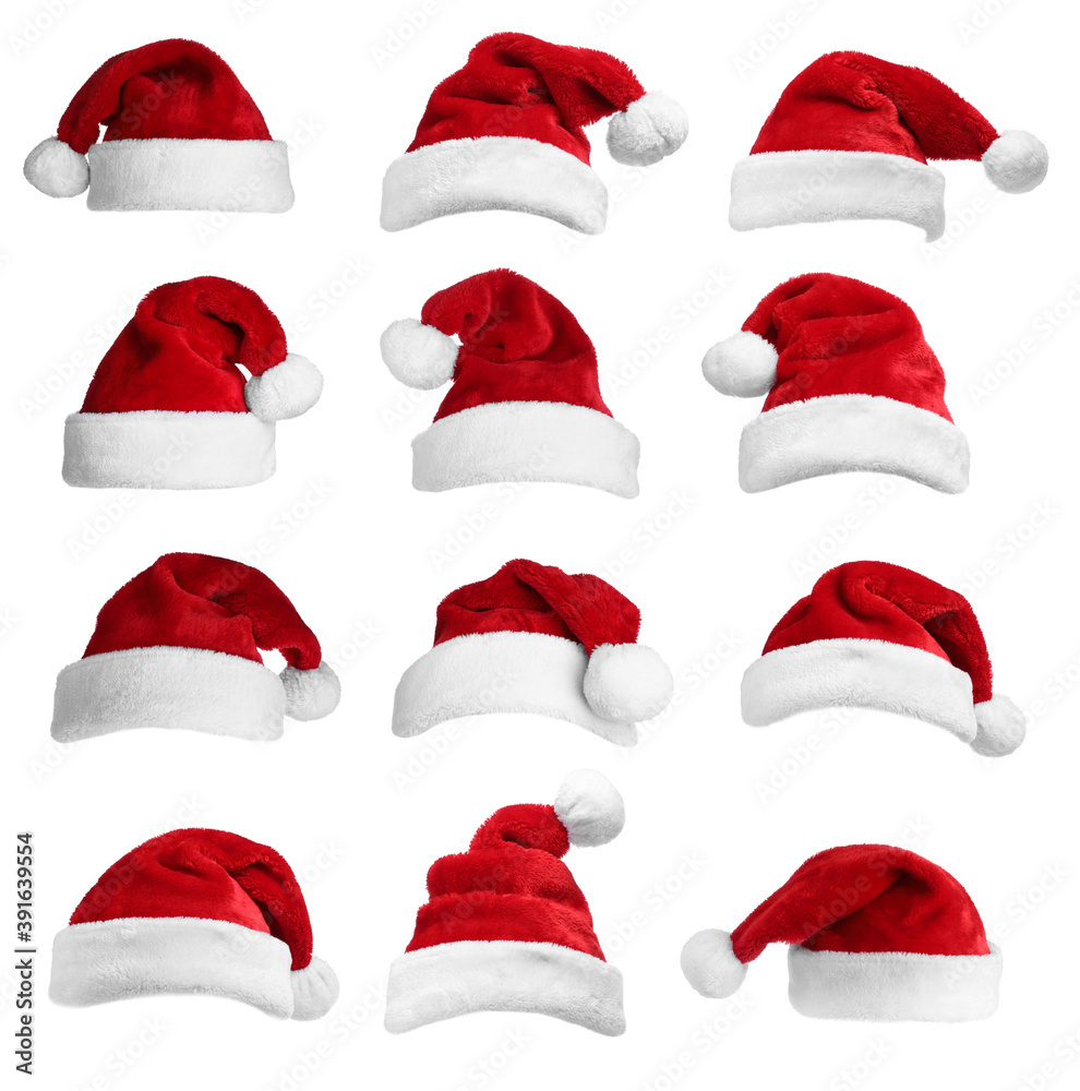 Set of red Santa hats on white background Set of red Santa hats on white background