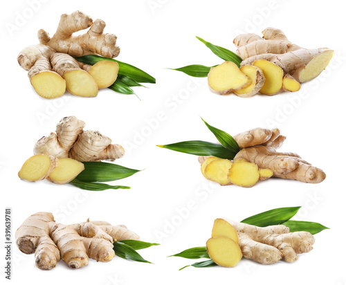 Set of fresh aromatic ginger with green leaves on white background