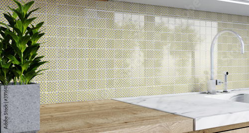 Tableau sur toile Mosaic backsplash in kitchen. 3d rendering. Modern interior