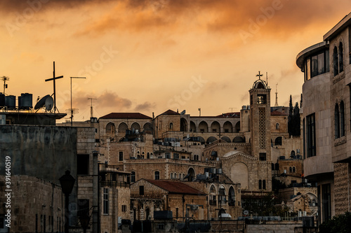 Leinwand Poster Sunset over Bethlehem. Ancient churches of the Holy Land, Israel