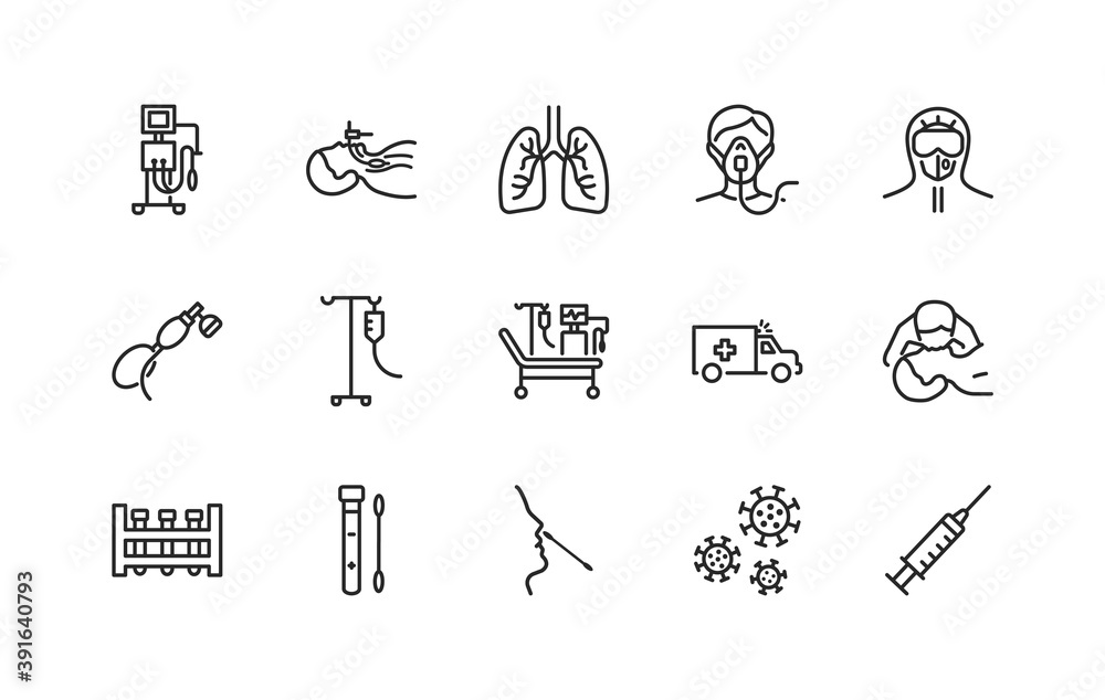 Artificial lung ventilation flat line icons set. Vector illustration coronovirus test and medical equipment for covid-19. Nasal swab laboratory test, icu, oxygen mask, mouth-to-mouth resuscitation Artificial lung ventilation flat line icons set. Vector illustration coronovirus test and medical equipment for covid-19. Nasal swab laboratory test, icu, oxygen mask, mouth-to-mouth resuscitation