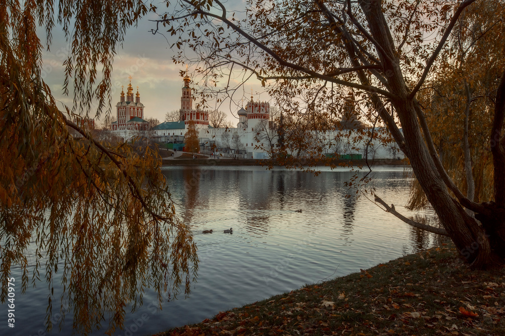 Novodevichy Convent monastery, view from a pond. Moscow, Russia