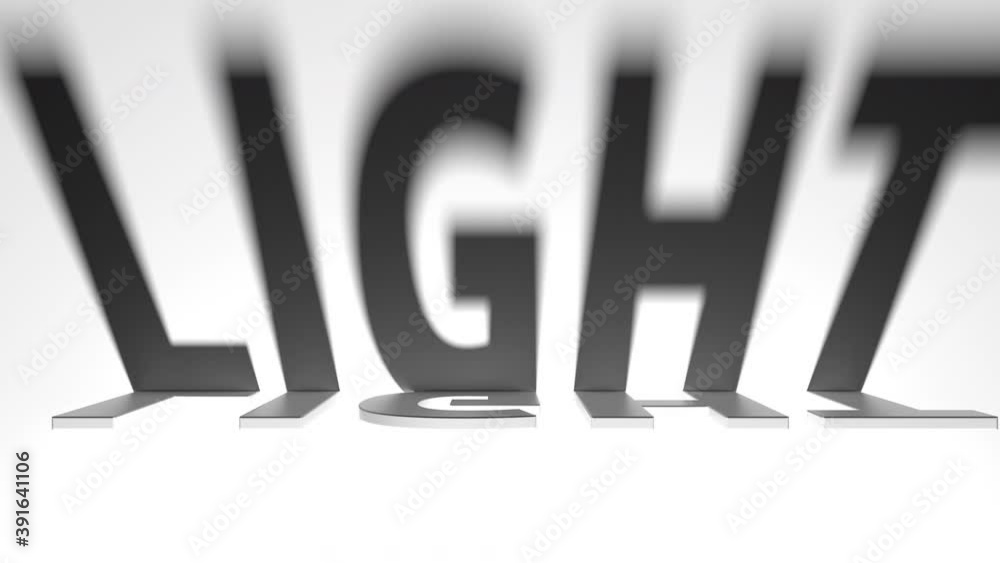 LIGHT text with artistic light and shadows, conceptual 3d animation