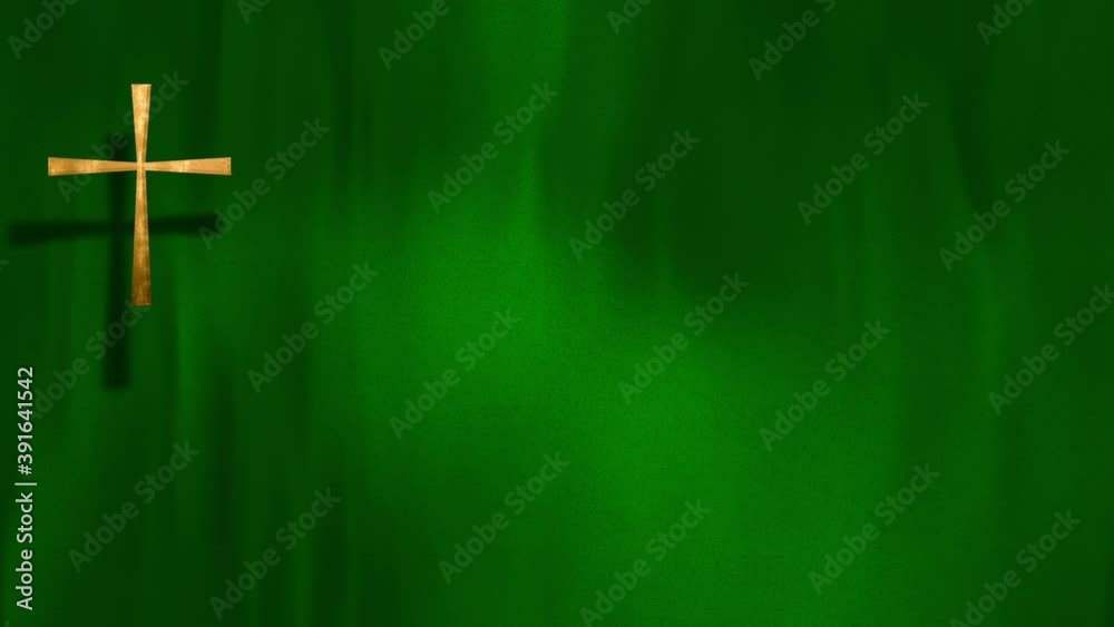 Liturgic green velvet with golden Christian Cross on copy space loop. 3D animation for online worship live stream church sermon on Ordinary Time. Concept of hope, life and resurrection of Christ.