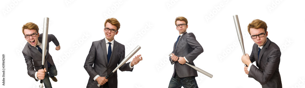 Young businessman with baseball bat isolated on white Young businessman with baseball bat isolated on white