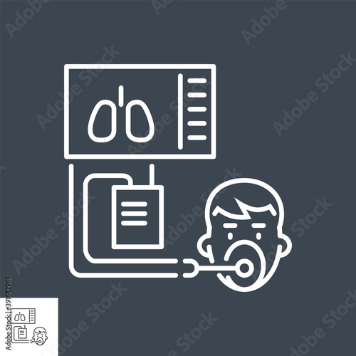 Medical ventilator related vector thin line icon. Ventilator with the image of the lungs and a human head with a mask. Isolated on black background. Editable stroke. Vector illustration.