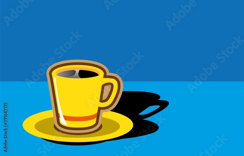A yellow cup of coffee on its saucer casting its shadow on a background of blue in two tones. Energetic and colorful vector design.