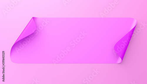 Paper sticker with soft curved corner on pink background. 3d render.