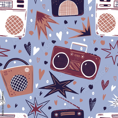 Vintage radios and tape recorders. Seamless pattern of flat hand drawn vector illustrations. Colorful simple music background in retro style. Design for print, decor, card, fabric, textile, poster etc