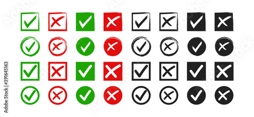 Green check mark and red cross icon big collection. Set of hand grawn check marks and crosses. Vote box , tick and x signs illustration .