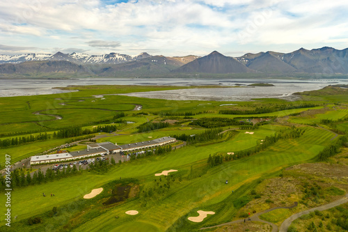 Aerial view of Hamarsvöllur golf course and hotel in Borgarnes, Borgarnes, Iceland. photo