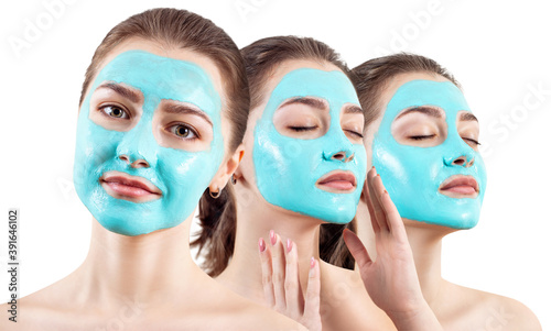 Collage of young woman with blue vitamin facial clay mask