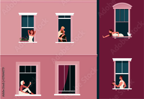 Lockdown. Quarantine life. Window frames with neighbors doing daily things in their apartments. Colorful vector illustration in modern flat style.