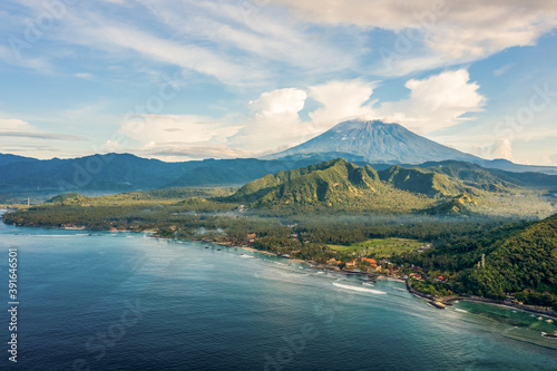 Aerial View Of Agun Volcano and coast in Bali, Indonesia. photo