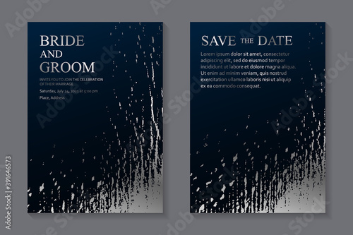 Modern abstract luxury wedding invitation design or card templates for birthday greeting or certificate or cover with silver grunge paint splashes on a navy blue background.