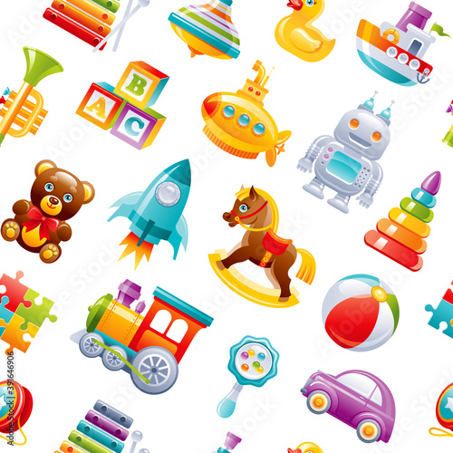 Toy pattern background. Baby seamless vector. Kid cartoon wallpaper for girl, boy. Cute game set with car, train, yo, submarine, ball, robot, pyramid, puzzle, blocks, rocket. Children's top play box