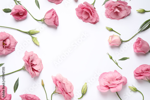 Frame of beautiful pink Eustoma flowers on white background, flat lay. Space for text