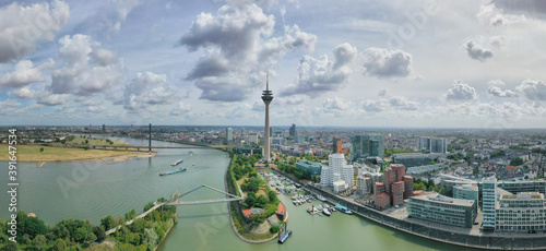 Aerial view of river and city in Düsseldorf, Germany