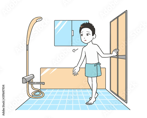 不安な気持ちで浴室に入る　男性