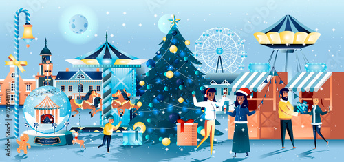 Christmas fair flat greeting card. Happy people celebrating in amusement park with carousels and shopping tents. 2021 Happy New Year vector illustration. Horizontal Xmas party banner, website header.