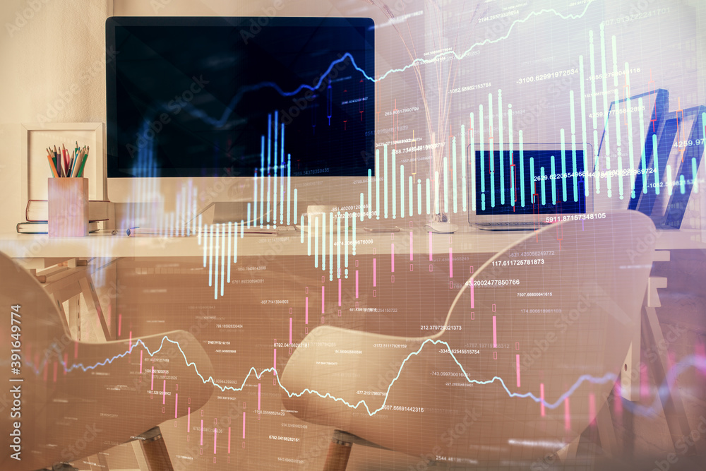 Double exposure of stock market graph drawing and office interior background. Concept of financial analysis. Double exposure of stock market graph drawing and office interior background. Concept of financial analysis.