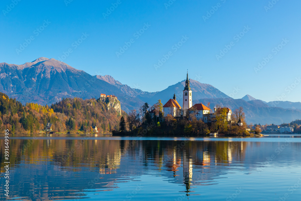 Magical autumn landscape with the island on Lake Bled, Slovenia