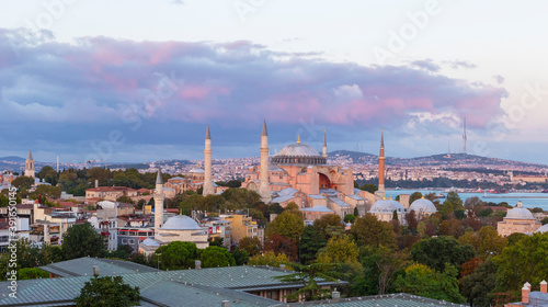 Hagia Sophia in autumn at dusk time, Istanbul, Turkey