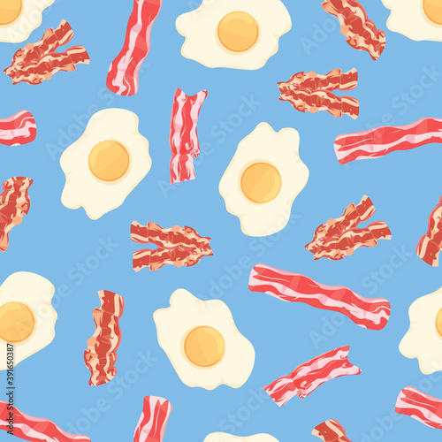 breakfast seamless pattern: fried eggs with fried bacon on a blue background. homemade food, scrambled eggs and pork, vector. wrapping paper, wallpaper, printing for clothes and postcards. cafe menu