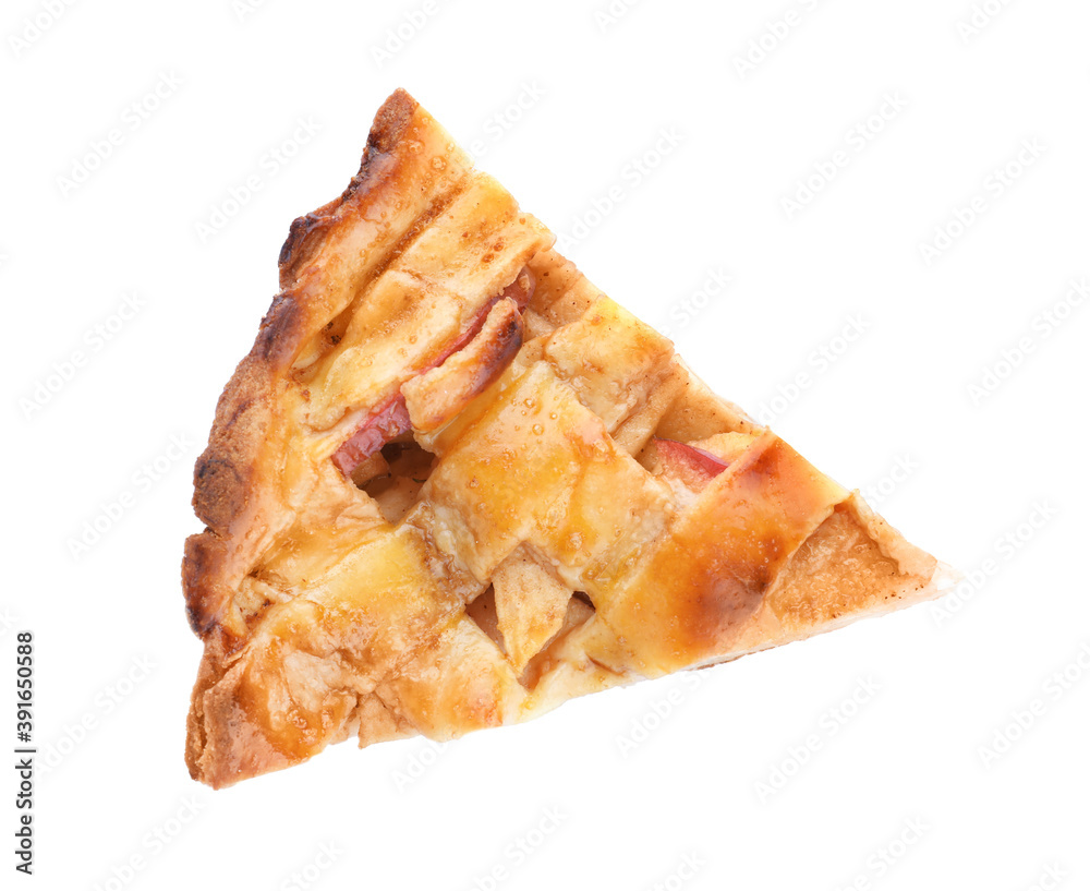 Slice of traditional apple pie isolated on white, top view Slice of traditional apple pie isolated on white, top view