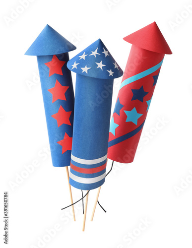 Obraz na płótnie Firework rockets on white background. Festive decor