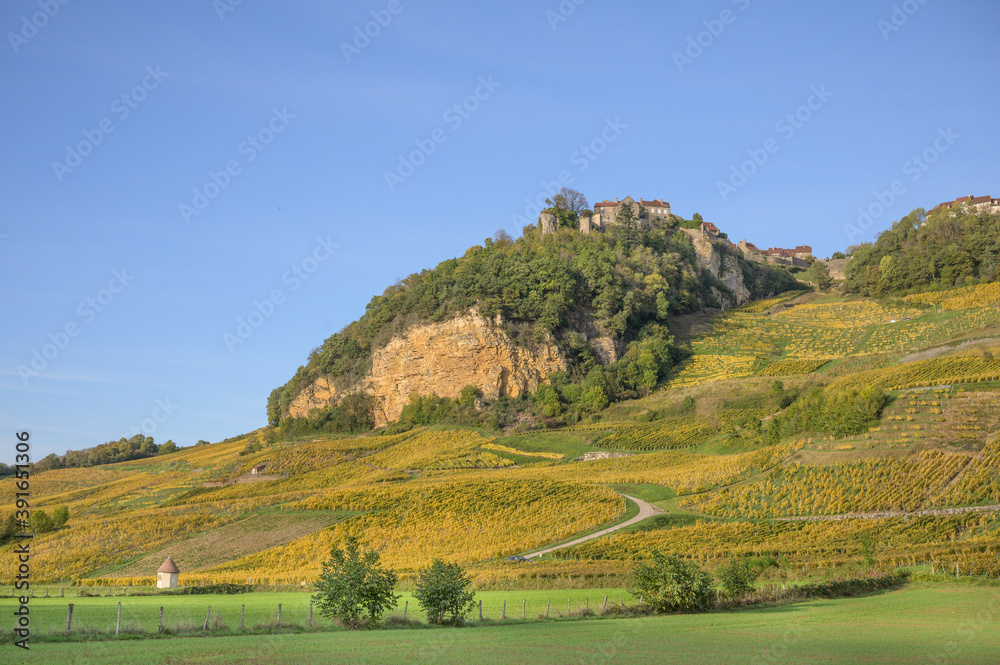 Fototapeta premium The village of Chateau Chalon high above the vineyards in the departement of Jura, Franche-Comte, France