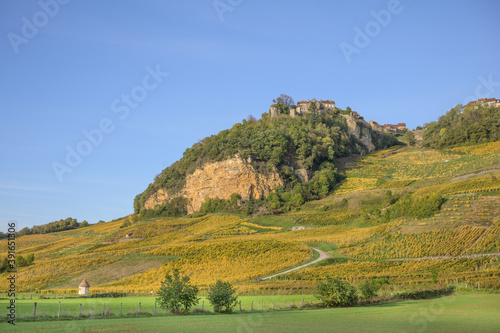 The village of Chateau Chalon high above the vineyards in the  departement of Jura, Franche-Comte, France photo
