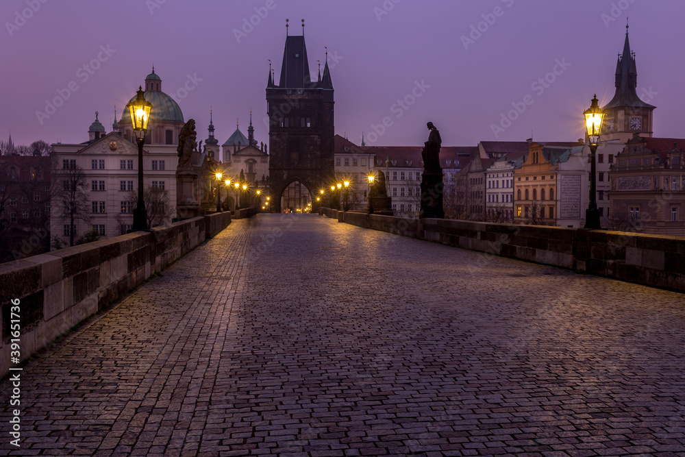 In the morning on Charles Bridge in Prague