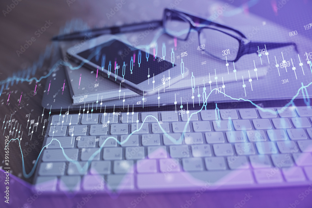 Double exposure of forex chart drawing and cell phone background. Concept of financial trading Double exposure of forex chart drawing and cell phone background. Concept of financial trading