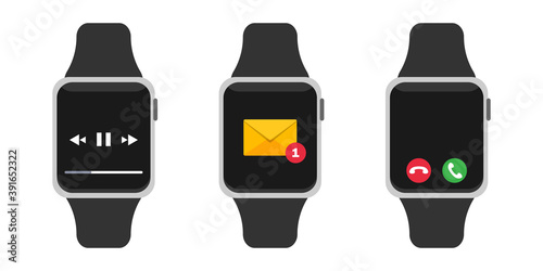 Smartwatch illustration. Device screen with message notification, call buttons and music player. Vector set isolated on white