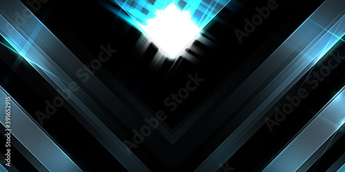 Abstract shining geometric lights background. Fractal symmetric graphic illustration. Intersecting glowing and shimmering bars.