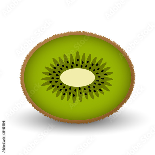Cute fluffy kiwi isolated on white background. Half a kiwi fruit in cartoon style in bright colors. Vector illustration.