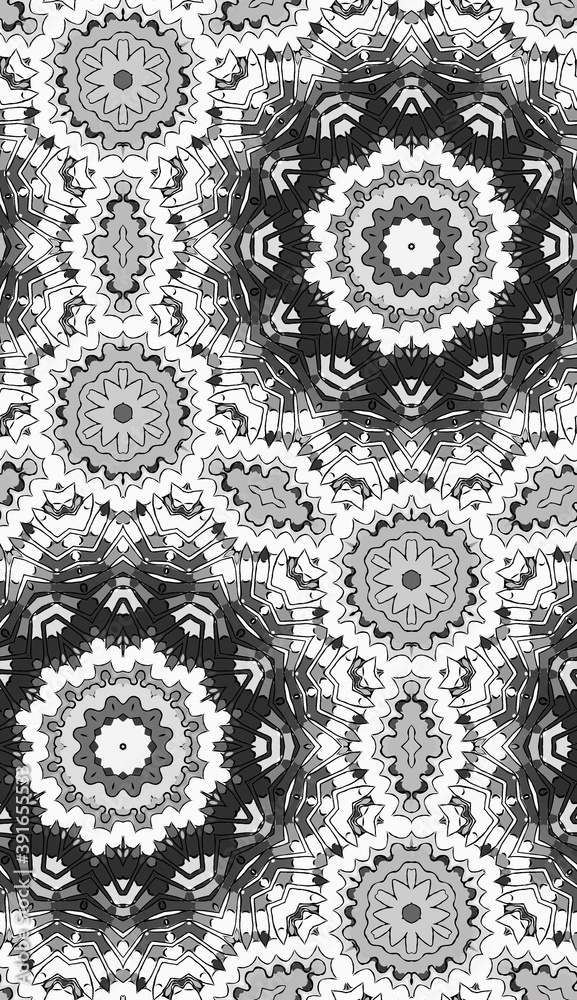 Seamless pattern with floral and mandala elements. Black and white decorative doodle background.