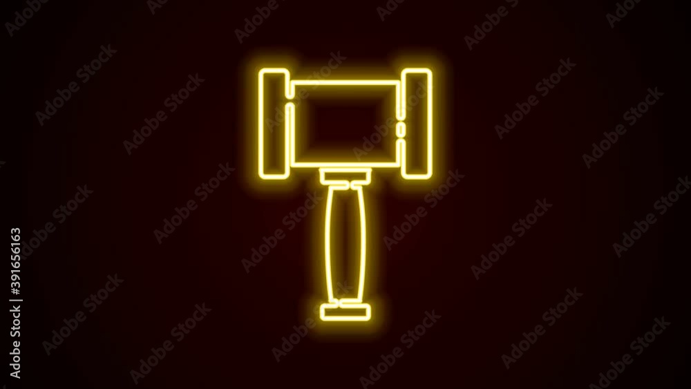Glowing neon line Judge gavel icon isolated on black background. Gavel for adjudication of sentences and bills, court, justice. Auction hammer. 4K Video motion graphic animation