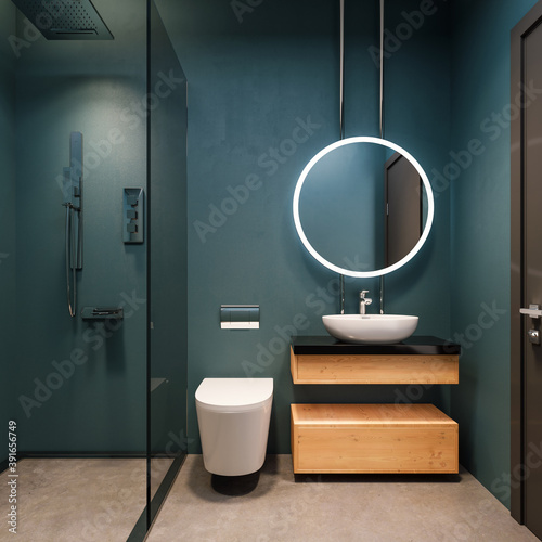 Fototapeta Naklejka Na Ścianę i Meble -  Modern interior design of bathroom vanity, aegean blue walls with round mirrors, minimalist and clean concept, 3d rendering
