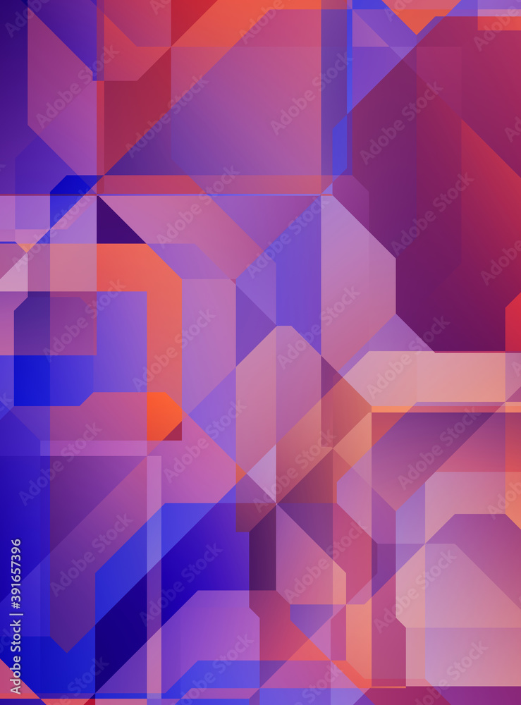 Fototapeta premium Layers of colorful and vibrant geometrical shapes. Digital illustration of a tech layout. Futuristic design template.