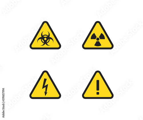 Danger sign set. Hazard  toxic  electric triangle symbol. Risk icon in vector flat