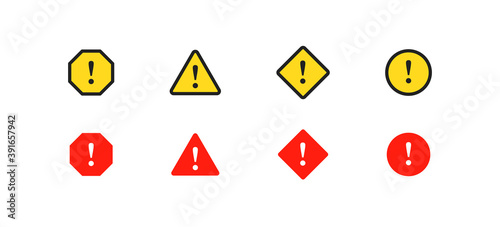 Caution icon set, shape. Alert sign. Attention risk triangle symbol in vector flat