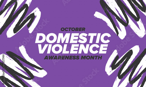Domestic Violence Awareness Month in October. Celebrate annual in United States. Awareness purple ribbon. Day of Unity. Prevention campaign. Stop women abuse. Poster, banner and background. Vector