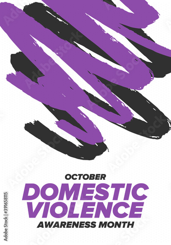 Domestic Violence Awareness Month in October. Celebrate annual in United States. Awareness purple ribbon. Day of Unity. Prevention campaign. Stop women abuse. Poster, banner and background. Vector