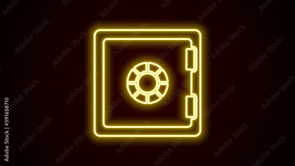 Glowing neon line Safe icon isolated on black background. The door safe a bank vault with a combination lock. Reliable Data Protection. 4K Video motion graphic animation Glowing neon line Safe icon isolated on black background. The door safe a bank vault with a combination lock. Reliable Data Protection. 4K Video motion graphic animation