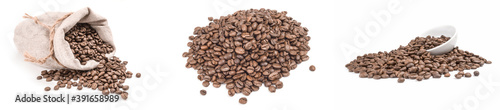 Group of brown coffee beans on a white background